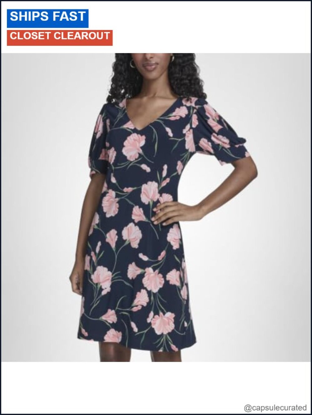 Puff Sleeve V-Neck Shift Mini Dress Floral A-Line